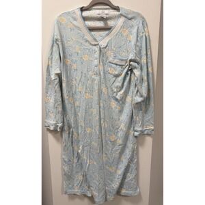 Karen Neuburger Sleepwear Nightgown Blue‎ Floral Henley Buttons Size Small